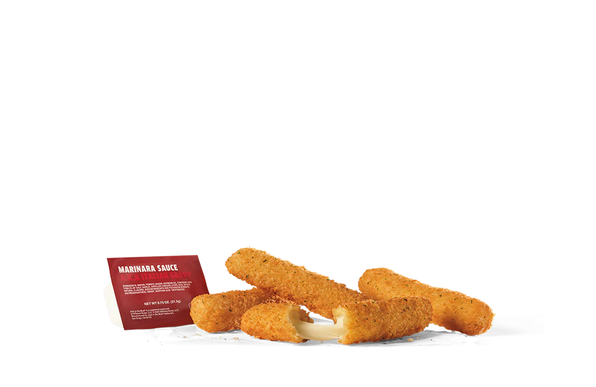 Four crispy mozzarella sticks with a golden brown breaded coating, served with marinara dipping sauce on the side