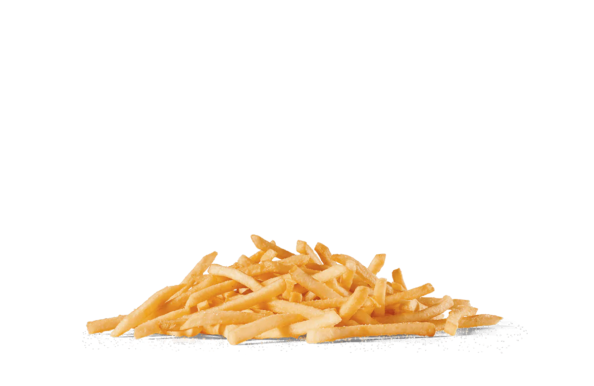 A serving of crispy golden French fries in a white paper container, perfect for a delicious snack or side dish