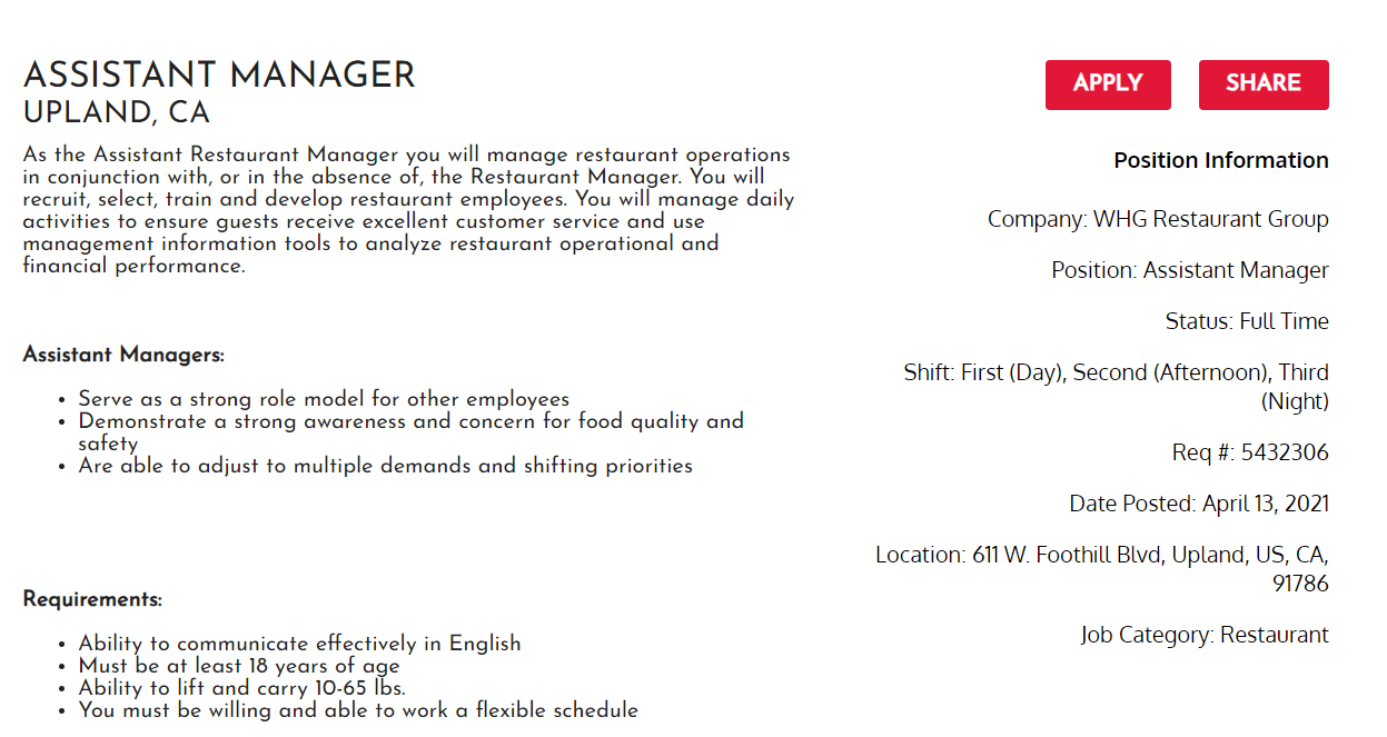 Jack in the Box Job Information page